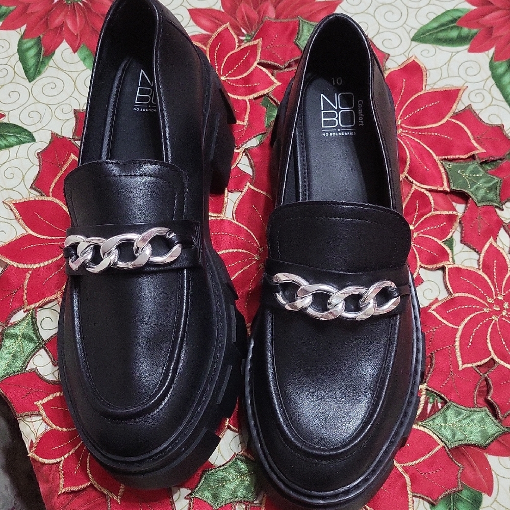NOBO Black Loafers with Silver Chain Accent